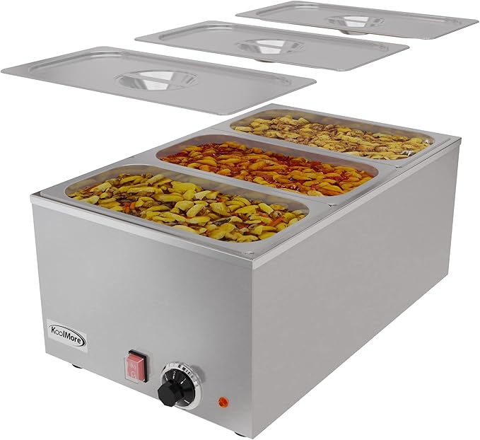 KoolMore Commercial Bain Marie Countertop Food Warmer, Soup Station, and Buffet Table Server with Three Serving Section, Stainless-Steel Steamer with Auto Shut Off (CFW-3), Silver