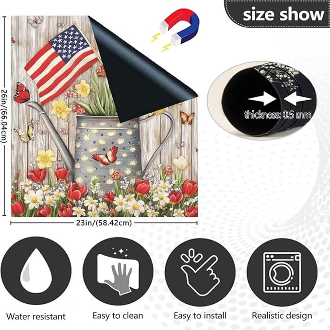 Patriotic American Flag Dishwasher Magnet Cover,Pastoral Flowers Butterfly Magnetic Dishwasher Cover Vinyl Sticker,Fridge Door Cover Magnets Art Skin Panel Decal,Home Decor Decal,23"X26"