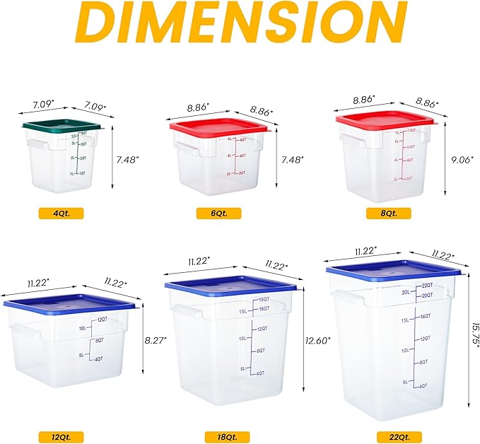 4 Pack Food Storage Containers, 18 Quart Square Commercial Food Containers with Lids, NSF, Polycarbonate, Clear