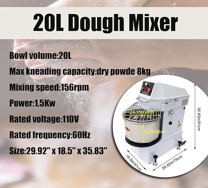 110V 20QT Commercial Dough Mixing Machine Electric Food Flour Kneading Stand Mixer with Removable Detachable Bowl Double Action Spiral Mixer for Bakeries 20L