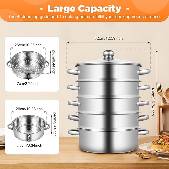 5-Tier Food Steamer Pot for Cooking, Stainless Steel Steamer Pot with Clear Lid, Stackable Steaming Pots Steam Cooker Cookware for Dumpling Seafood, Compatible with Gas/induction Stove (10.23in Diameter)