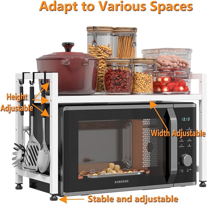 Extendable Microwave Oven Stand, Adjustable Microwave Rack Toaster Shelf, Heavy Duty Rack 2 Tier Kitchen Counter Top Organizer with 7 Hooks for Kitchen