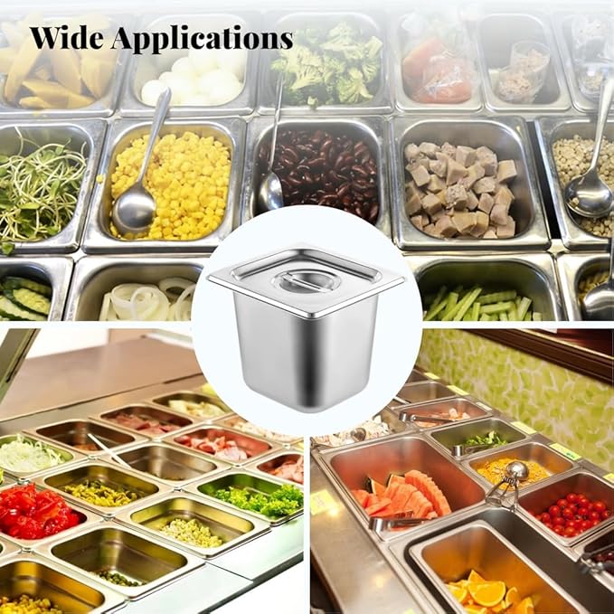 8 Pack Hotel Pans 1/6 Size with Lid, 6 inch Deep Stainless Steel Steam Table Pan, Anti Jam Steam Pan Metal Food Pans for Restaurant Cafeteria Party Catering