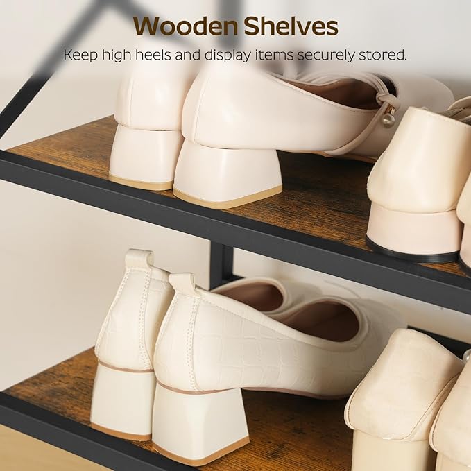 6-Tier Tall Shoe Rack Organizer, Wooden Shoe Storage for Closet Holds 24 Pairs, Sturdy Shoe Shelf with X-Shaped Metal Support, for Entryway, Bedroom, Rustic Brown and Black SS206BR