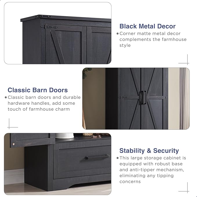 Farmhouse Kitchen Pantry Cabinet - 72" Tall Large Wood Kitchen Storage Cabinets with Adjustable Shelves & 2 Barn Doors & Drawer, Versatile Storage for Dining Room, Bathroom, Living Room, Antique Black | Large, Adjustable Shelves, 2 Barn Doors, Drawer, ...