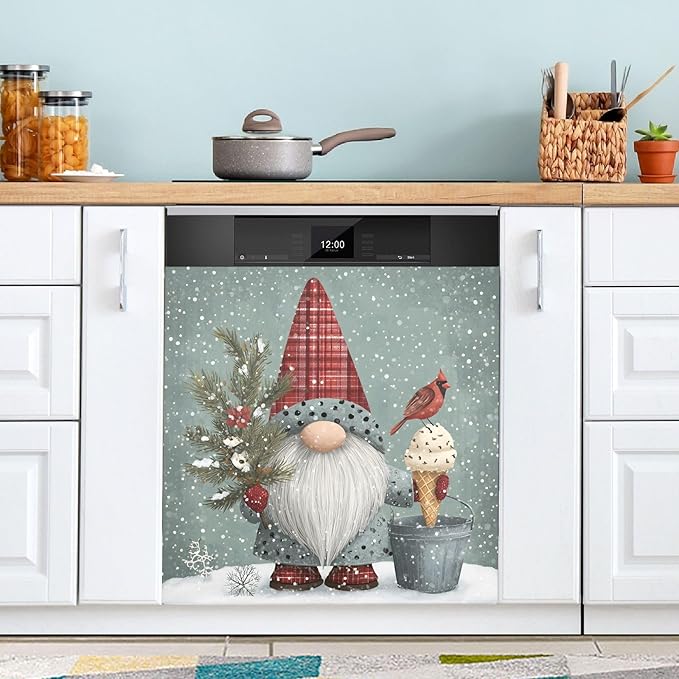 Christmas Gnome Dishwasher Magnet Cover Panel Winter Snowflake Magnetic Dishwasher Covers Refrigerator Sticker Decal Xmas Decorative Washing Machine Cover for Home Kitchen,23x26in