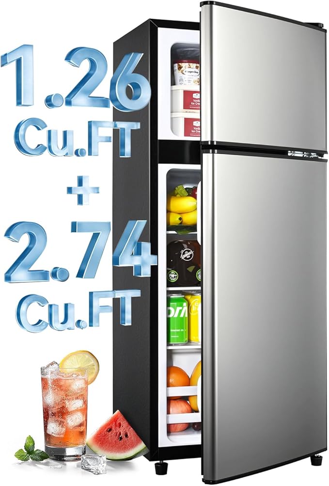 4.0 Cu.Ft Fridge with Freezer, Double Door Refrigerator with 6 Level Thermostat, LED Light, Adjustable Glass Shelves for Bedroom, Office, Dorm, Apartment, Silver