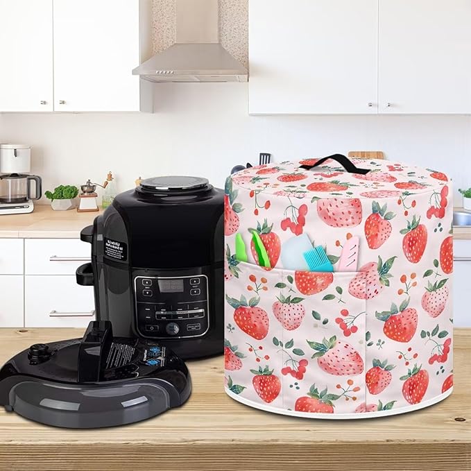 Cute Strawberry Appliance Dust Covers for Instant Pot, Kitchen Appliance Covers, 3 Quart Inner Pot, Waterproof, Polyester Blend, Black Elastic Fabric
