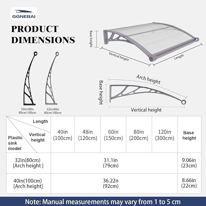 Awning for Door Entrance with Drainage Sink,32x48 Inch Awnings for Doors,Window Canopy Exterior with Plastic Steel Bracket,Polycarbonate Cover,UV,Rain,Snow Protection for House,Porch,Patio,Deck