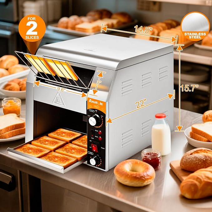 Anatole Commercial Conveyor Toaster 400 Slices/Hour Stainless Steel Electric Toaster Oven Heavy Duty 1700W for Bun Bagel Bread Waffle Coissant Buffet Restaurant Cafe Hotel