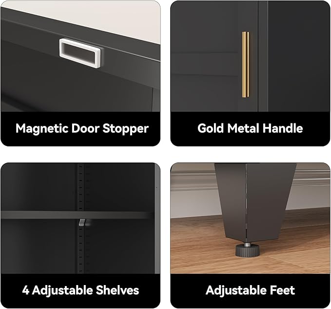 COFaR 67" Modern Pantry Cabinet, Black Storage Cabinet with Magnetic Door & 4 Adjustable Shelves, Slim Freestanding Cupboard for Office, Kitchen, Bathroom