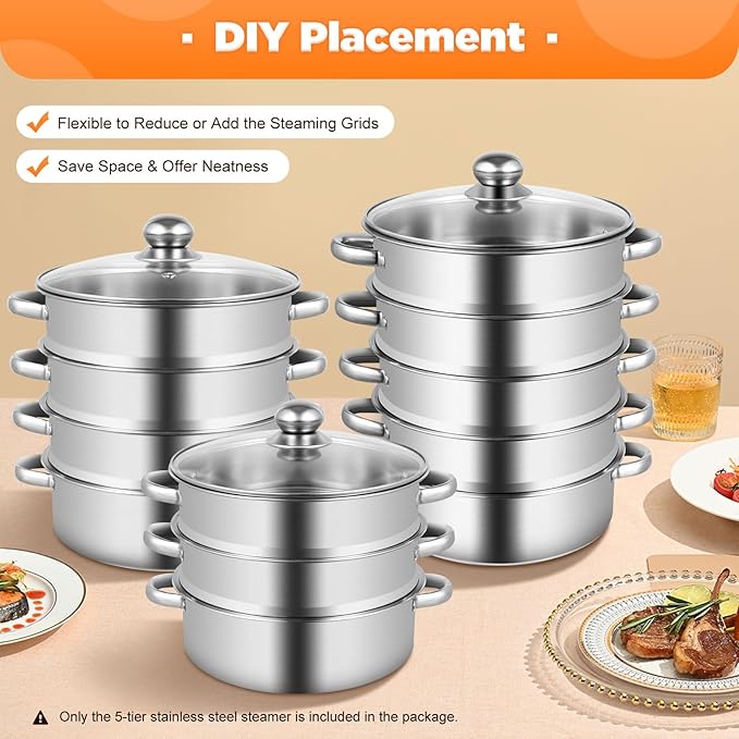 Stainless Steel Steamer Pot, 10.3-Inch Steamer for Cooking, 5-Tier Food Steam Pots with Lid for Cooking Vegetables, Seafood, Soups, Stews, Dumplings and Pasta