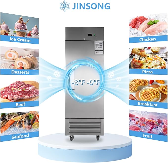 JINSONG 27" Commercial Reach-In Freezer, 23 Cu.Ft Stainless Steel Single Solid Door Freezer with 4 Adjustable Shelves & 4 Casters, for Restaurant, Bar, Shop, Home