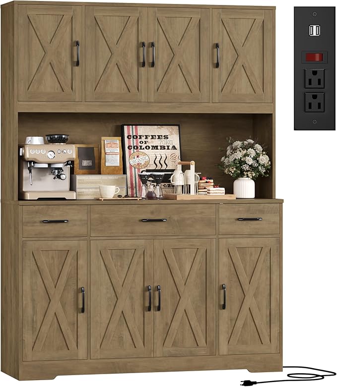 HOSTACK 71" Tall Kitchen Pantry Storage Cabinet with Charging Station, 55" Wide Kitchen Hutch Cabinet with Large Countertop, Farmhouse Food Pantry with Drawers for Living Room, Rustic Brown