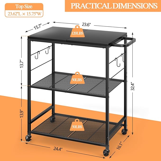 Grill Cart for Outside, 3-Tier BBQ Food Prep Rolling Table Cart, with 23.62" Lx 15.75" W Stainless Steel Tabletop, Outdoor Pizza Oven Table Ideal for Patio Backyard Kitchen Tools Room