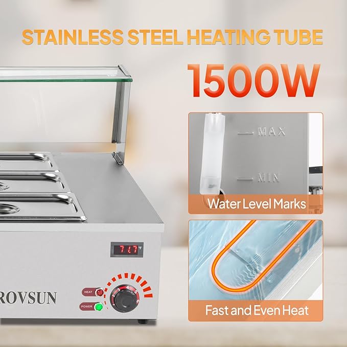 ROVSUN 96QT 1500W Electric Commercial Food Warmer, 12-Pan Steam Table 8QT/Pan Stainless Steel Bain Marie Countertop w/Glass Shield Temperature Control & Lid for Buffet Restaurant 110V
