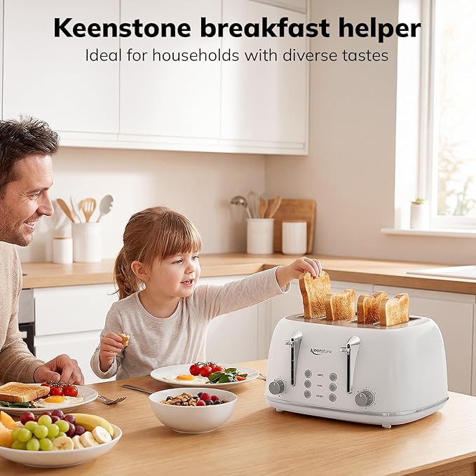 Keenstone Toaster 4 Slice, Retro Stainless Steel Wide Slot Toaster with Dual Independent Controls, 6 Browning Levels, Bagel, Defrost, Reheat & Cancel, Removable Crumb Tray, White