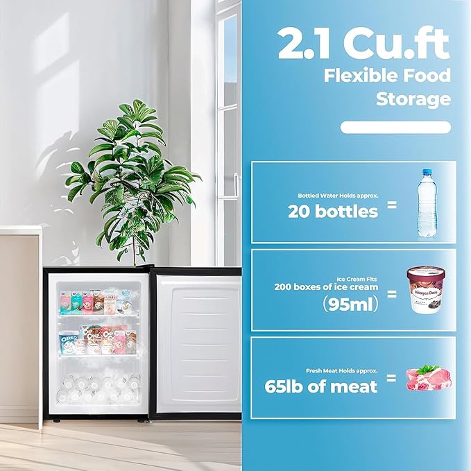 2.1 Cu.ft Small Freezer, Mini Upright Freezer with 7 Adjustable Thermostat, Removable Shelves, Reversible Single Door, for Bedroom/Home/Dorms/Apartment (Black)