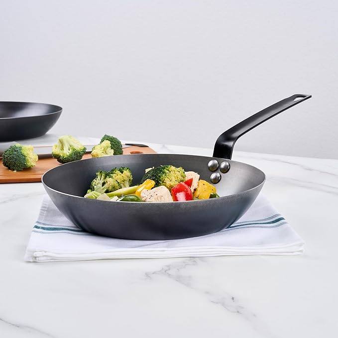 Restaurantware-Met Lux 10 Inch Fry Pan, 1 Lightweight Frying Pan - Induction-Ready, Triple-Riveted, Black Carbon Steel Cooking Skillet, Durable, For Searing, Sauteing, And Browning Food