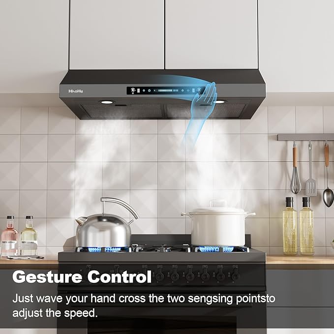 HisoHu 30 Inch Under Ducted Cabinet Range Hood with 1200 CFM, 4 Speed Gesture Sensing Kitchen Exhaust Hood & Touch Control Panel, Stainless Steel Stove Vent Hood with 2 LED Lights（Black）