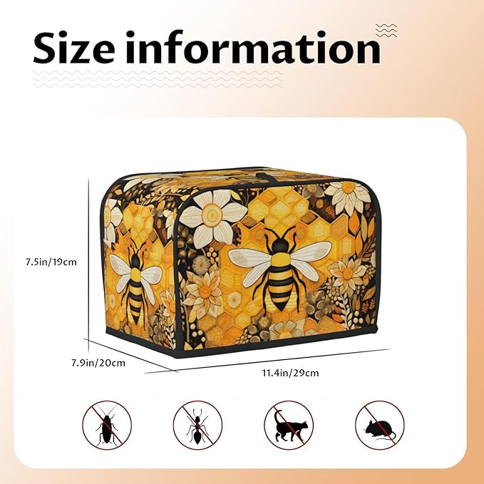 Toaster Cover 2 Slice with Pockets, Flowers And Honey Bee Vintage Yellow Print Kitchen Accessories Decor Bread Maker Oven Protector Covers Dust Proof Fingerprint Covers