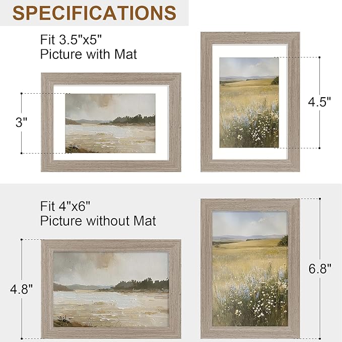 Vittanly 4x6 Picture Frame Set of 2, Solid Wood Frame for Wall or Tabletop, Display Photo 3.5x5 with Mat or 4x6 without Mat, Light Brown
