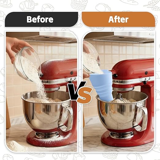 Flour Funnel for Kitchen Aid Mixer - Stand Mixer Attachment Compatible with (KSM150) 4.5-5 Qt Tilt-Head Mixers,Easy Pour Anti-Splash Baking Tool, Dishwasher Safe, for Egg Liquid and Both Flour -Blue