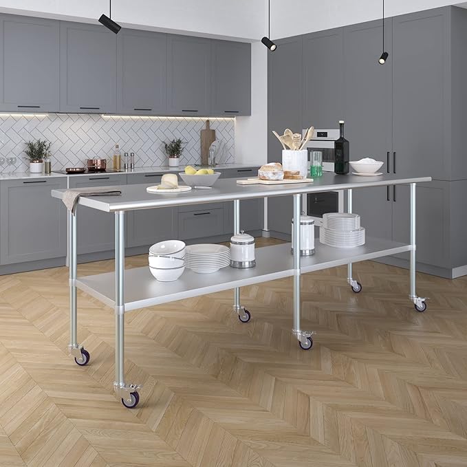 AmGood 96" Long x 30" Deep Stainless Steel Table with Casters