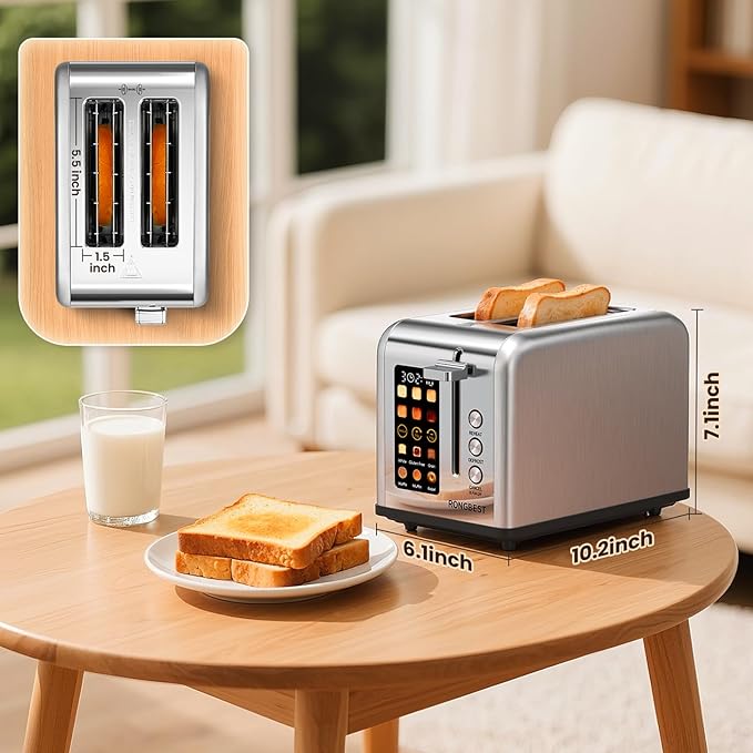 2 Slice Easy Touch Screen Toaster, Stainless Steel Toaster with Wide Slots, Even Toasting for Bagels & Bread, Reheat & Defrost, Removable Crumb Tray, Silver