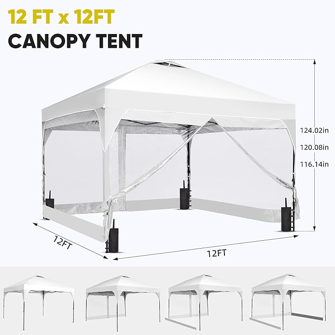 Saemoza 12x12 Pop Up Canopy Tent with One Push Setup, Outdoor Sun Shade Canopy for Backyard Party, Easy Up Instant Shelter with 4 PVC Transparent Sidewalls, 4-Sandbags & Wheel Bag, White.