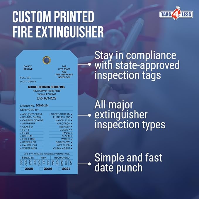 Tags 4 Less Custom Fire Extinguisher Tags – Preventative Maintenance Labels for Monthly Inspections, Alternative to Safety Sticker for Easy Record-Keeping – Pack of 100 (Dark Blue, Vinyl Plastic)
