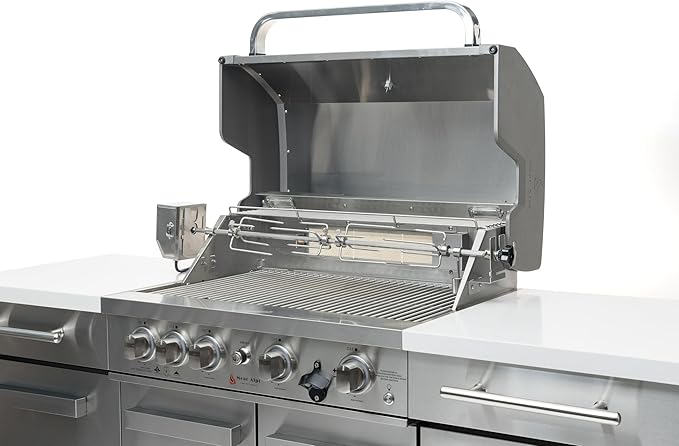 Mont Alpi Premium 70"W x 24"D Stainless Steel Compact Outdoor Kitchen Island with Access Doors + 32"W 4-Burner BBQ Gas Grill with Infrared Rear Burner + Storage Cabinets + White Granite Countertops