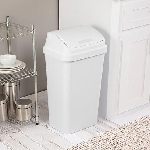 Sterilite 8-Pack Swing Top Wastebasket, Sleek Square Profile Trash Can, 13 Gallon, White - Modern Garbage Bin for Kitchen, Bathroom, Garage and Workspace, Fits 13 Gal Liners