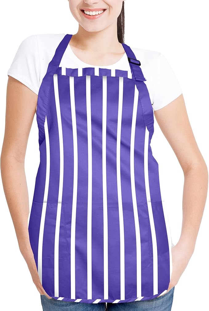 DALIX Apron Commercial Restaurant Home Bib Spun Poly Cotton Kitchen Aprons (2 Pockets) (12, Pinstripe Purple/White)