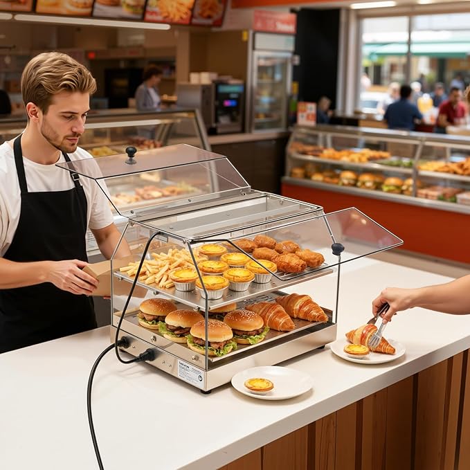 VEVOR 2-Tier Commercial Food Warmer Display, 450W Food Display Warmer with Light, Detachable Shelves and Double-Sided Door Design, 85℉~185℉ Air Heating, 48L for Hamburger, Pizza, Bread, Fried Chicken