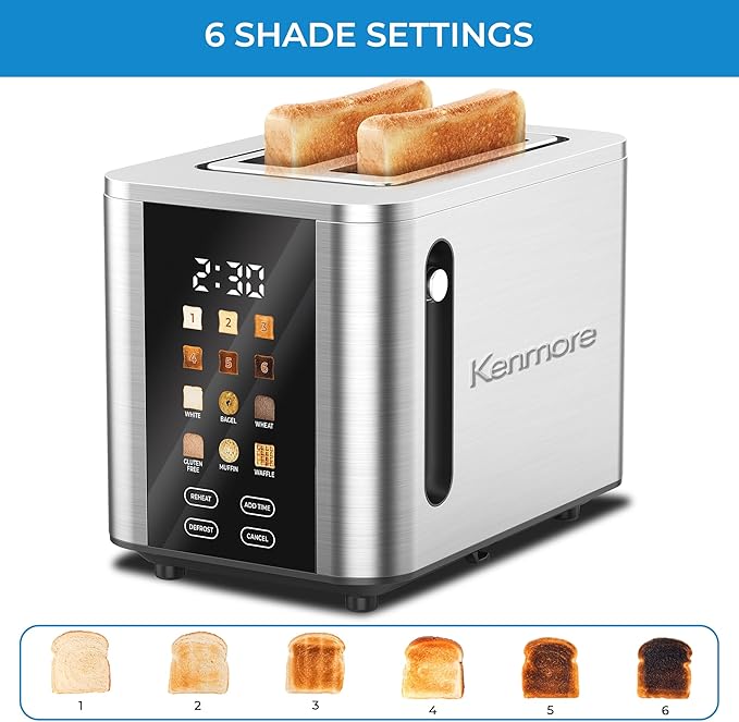 Kenmore 2-Slice Toaster - Color Touch Screen & 6 Shade Settings, Extra Wide Slots, Digital Countdown Timer, Customizable Smart Presets, Reheat, Defrost, Add Time Functions, Stainless Steel