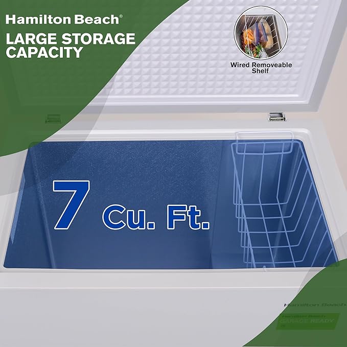Hamilton Beach, Chest Deep Freezer, 7 Cu. Ft. Capacity, Adjustable Thermostat-Removable Vinyl Coated Wire Basket-Easy Defrost Drain, White