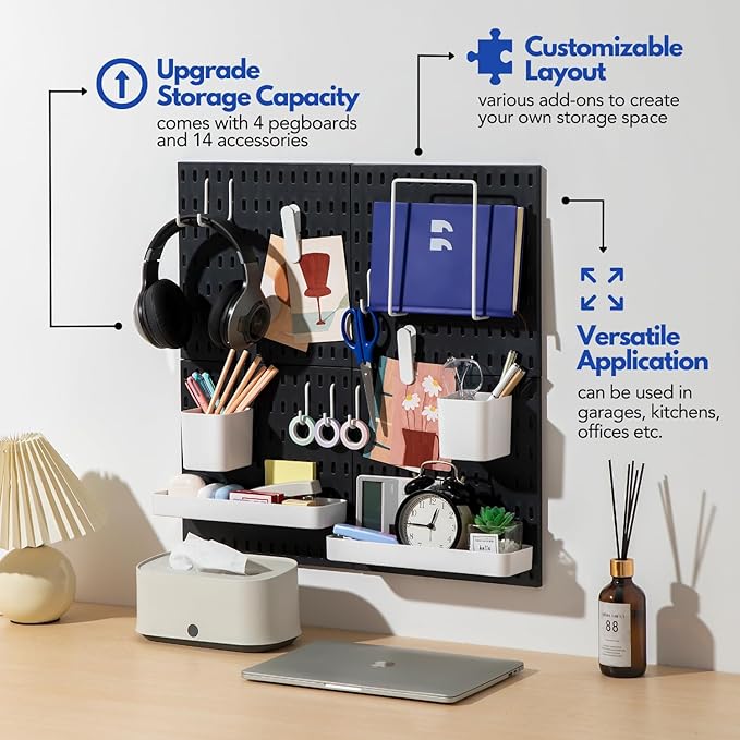 Keepo Pegboard Combination Kit, Pegboards and Accessories Modular Hanging for Wall Organizer, Crafts Organization, Ornaments Display, Nursery Storage, Wall Peg Board (Black, 22″×22″)