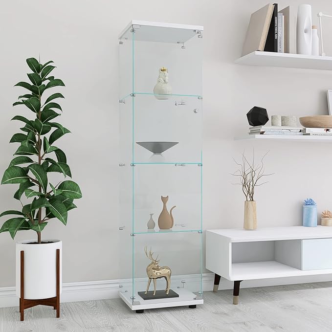 4-Shelf Glass Display Cabinet, Floor Standing Curio Bookshelf with Door & Locks, Toys & Trophy Display Case, for Living Room, Kitchen, Bedroom, Exhibition Hall (White)