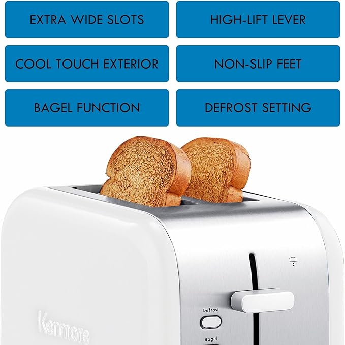 Kenmore toaster 2 slice - extra wide slot countertop kitchen appliance, defrost function, tostador de pan, 9 shade settings, easy clean crumb tray, bread bagel, stainless steel & White