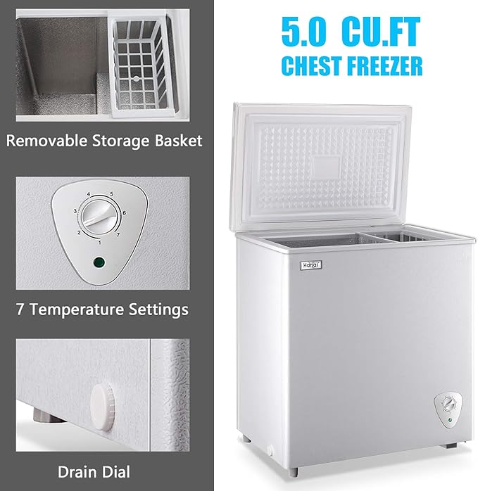 Chest Freezer 5.0 Cu.Ft Small Deep Freezer White Top Door Mini Freezer with Removable Basket, Low Noise, 7 Adjustable Temperature and Energy Saving Perfect for Home Garage Basement Dorm or Apartment