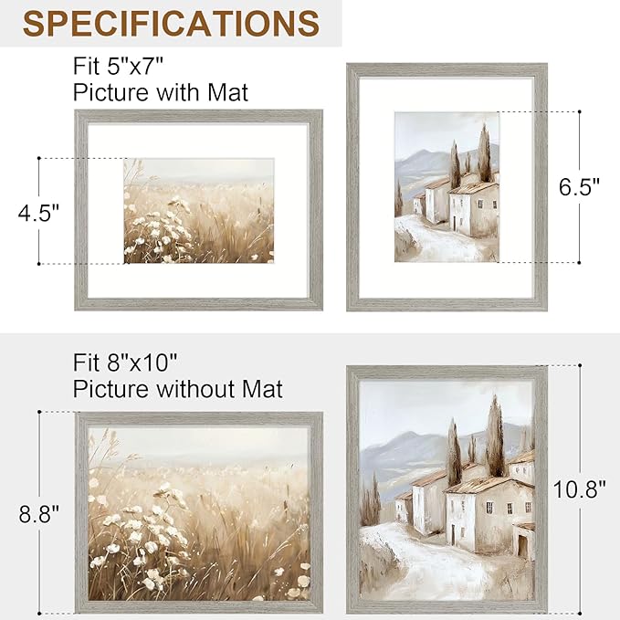 Vittanly 8x10 Picture Frame Set of 2, Solid Wood Frame for Wall or Tabletop, Display Photo 5x7 with Mat or 8x10 without Mat, Grey