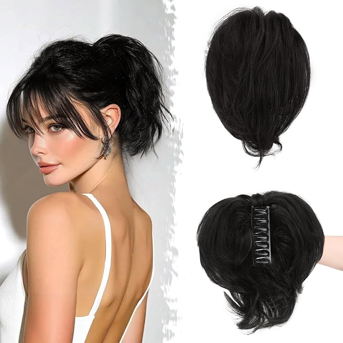BARSDAR Claw Clip Short Human Hair Ponytail Extension with Bendable Metals - DIY Styles 8 Inch Real Human Hair Messy Bun Hairpieces for Women - Thick Natural Short Black Ponytail Daily Wear
