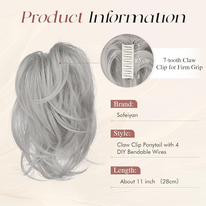 SOFEIYAN Claw Clip Short Ponytail Extension DIY Bendable Wires Hair Bun Fluffy Fake Hair Piece Straight Synthetic Hair Ponytail Extensions for Wonen - Light Gray