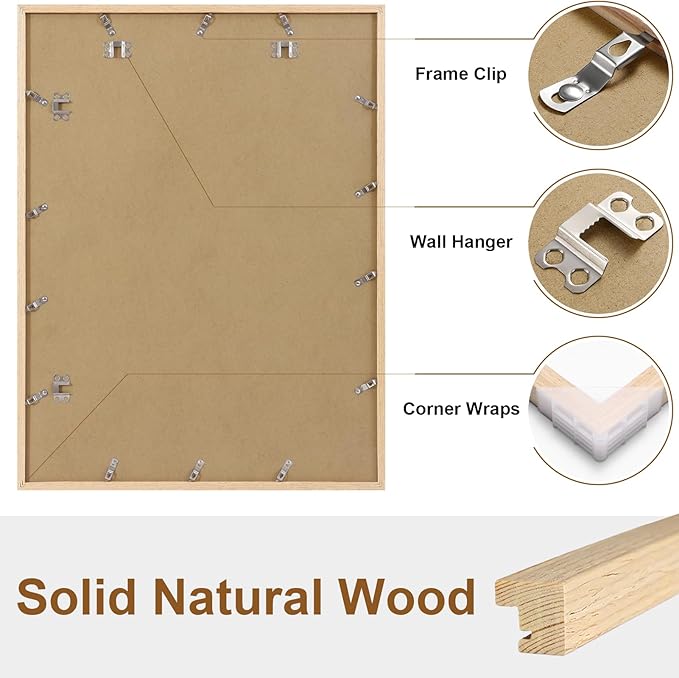 Vittanly 18x24 Picture Frame, Solid Wood Frame with Plexiglass, Includes 16x20 Mat, Wall Hanging for Photos, Home Decor, Natural, 1 Pack
