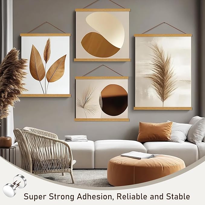 2 Pack Magnetic Poster Hanger Frame, 30x40 30x20 30x24 Light Wood Wooden Magnet Canvas Artwork Print Dowel Poster Hangers Frames Hanging Kit (Teak Wood, 30", 2 Packs)