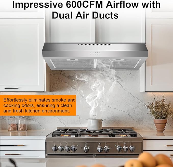 Range Hood 30 Inch Under Cabinet, 600 CFM Ducted/Ductless Vent Hood for Kitchen, Stove Vent with Bright LED Lights, Reusable Filters and 3 Speed Exhaust Fan