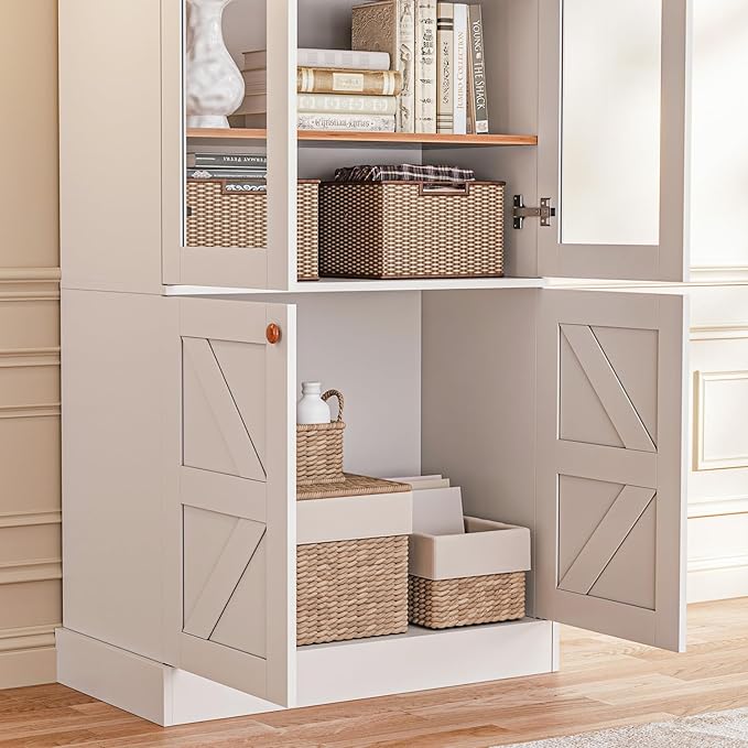 Vyre 71" Tall Farmhouse Kitchen Pantry, Set of 3 Large Storage Cabinets with Glass Doors, Adjustable Shelves, Wood Versatile Hutch Cabinet for Living Room, Dining Room, Kitchen