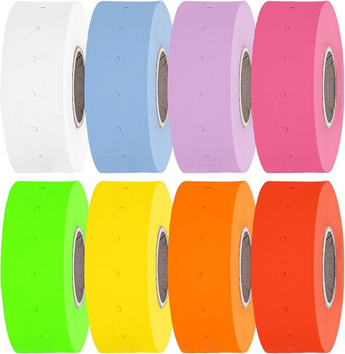 Perco 1 Line Multicolored Sleeves—32 Rolls, 4 Sleeves, 32,000 Labels for Perco Lite, X, Plus & Pro Guns—Includes White, Yellow, Blue, Lavender & Fluorescent Colors (Red Green Pink Orange)—Made in USA