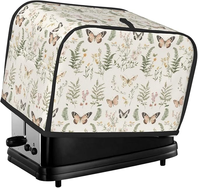 2 Slice Toaster Cover for Kitchen Botanical Wildflower Leaf Butterfly Waterproof Dustproof Toaster Dust Cover with Side Pockets Decorative Universal Cover for Wide Slot Toasters Small Appliances